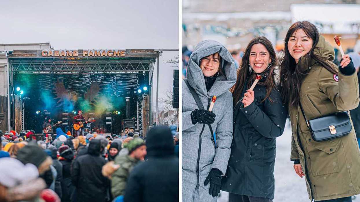 La scène du festival Cabane Panache. Droite : Des filles mangent de la tire d'érable à Montréal.