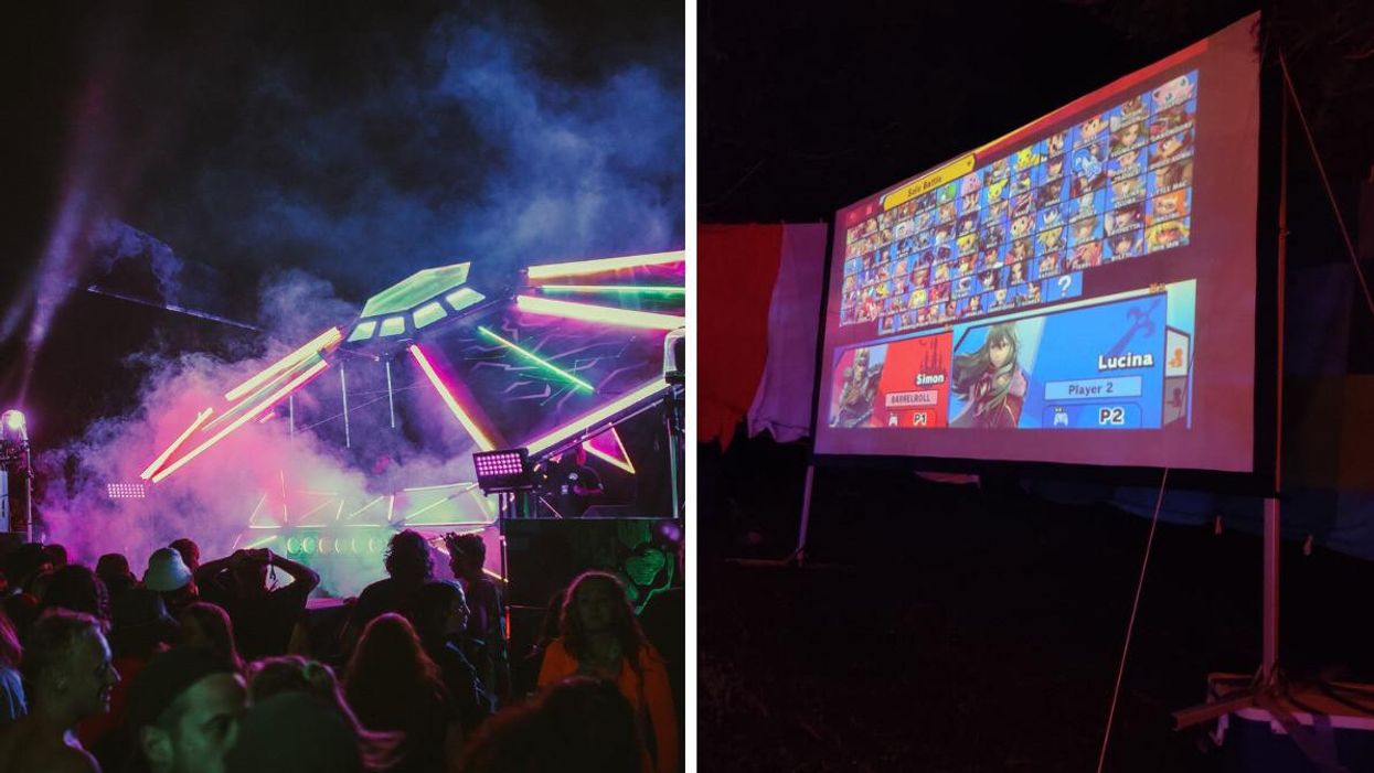 La scène du festival PicnicRoyal. Droite : Écran géant avec jeux vidéo.