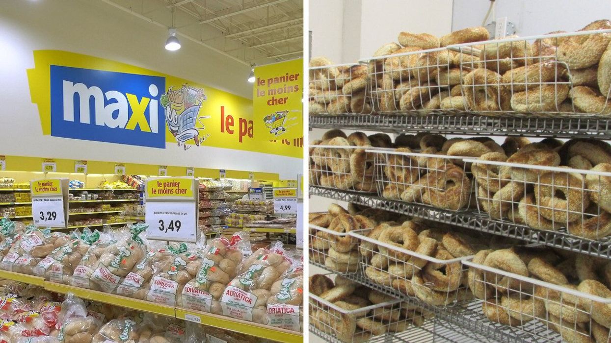 La section boulangerie au Maxi. Droite : des bagels de Brossard Bagel inc.