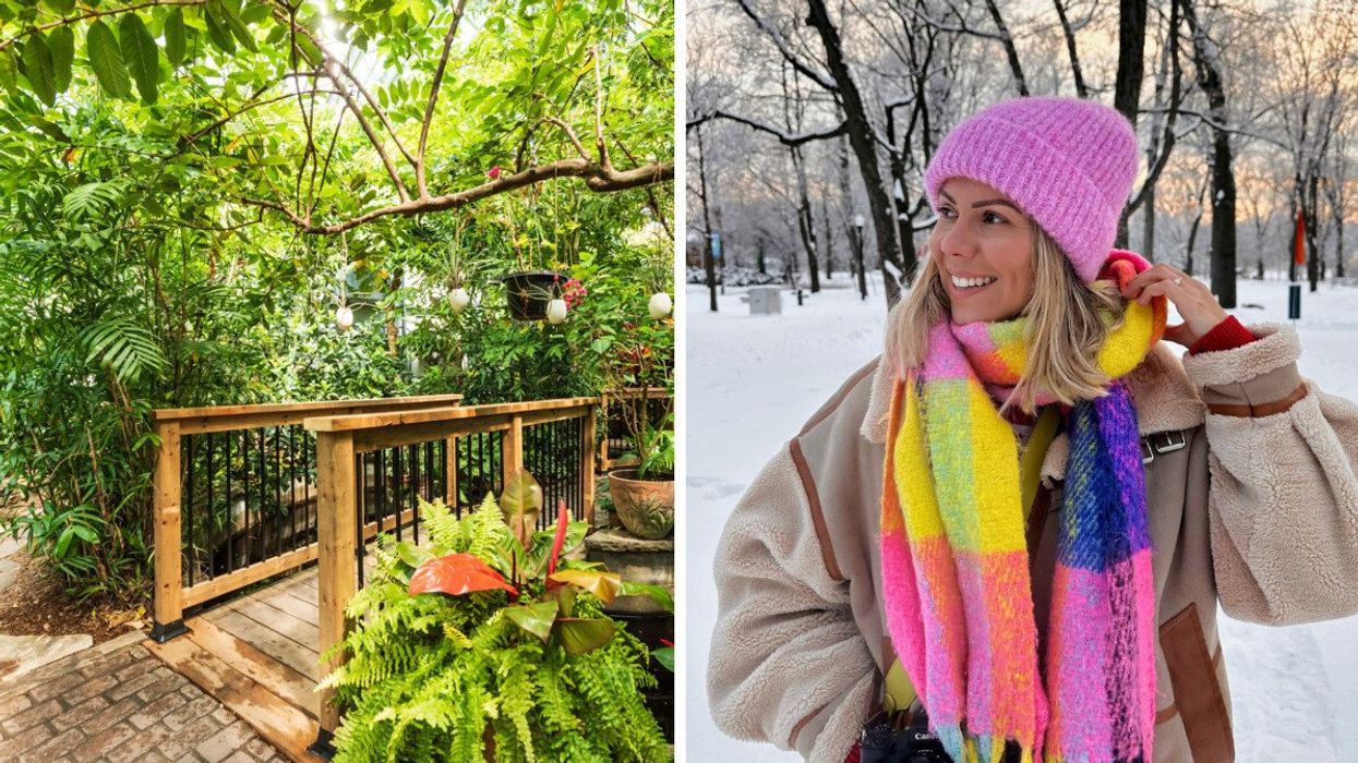 La serre tropicale du Centre de la nature de Laval. Droite : Une femme pendant une randonnée hivernale.