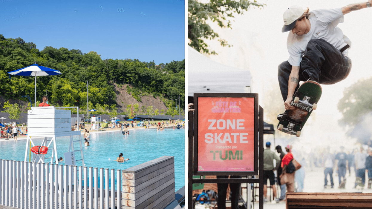 La Station de la plage à Québec. Droite : Une personne qui fait du skateboard à Québec.