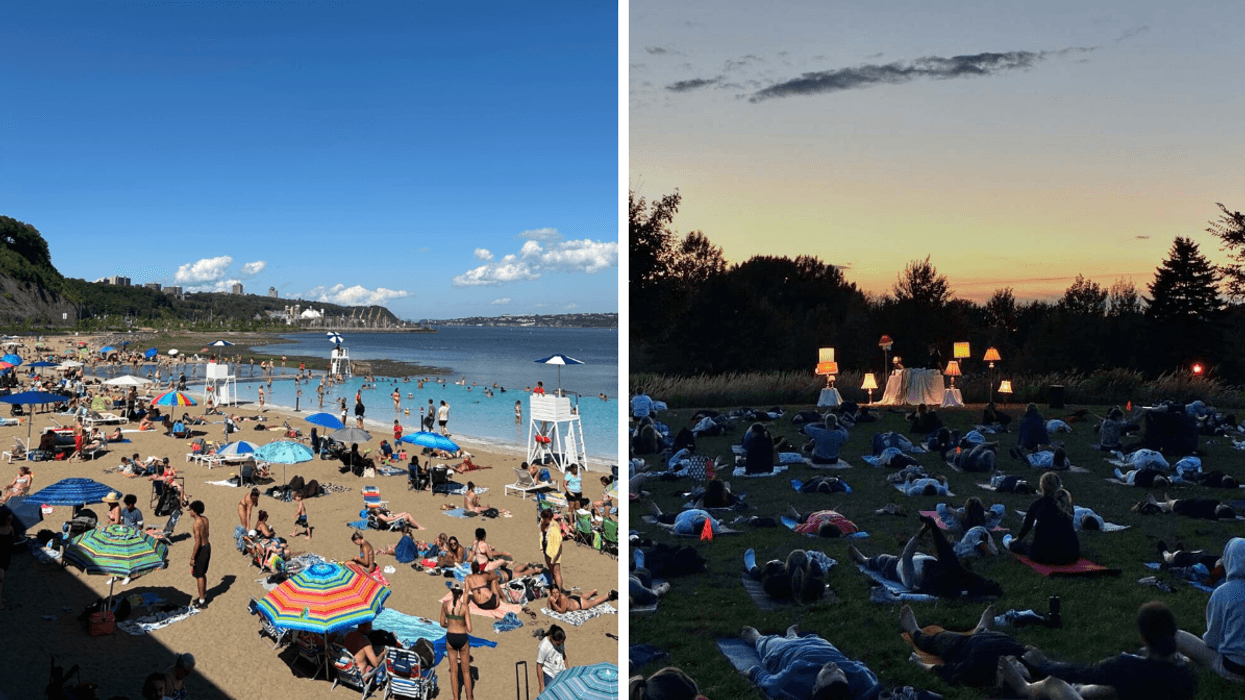 La station de la plage. Droite : Du yoga au coucher du soleil.