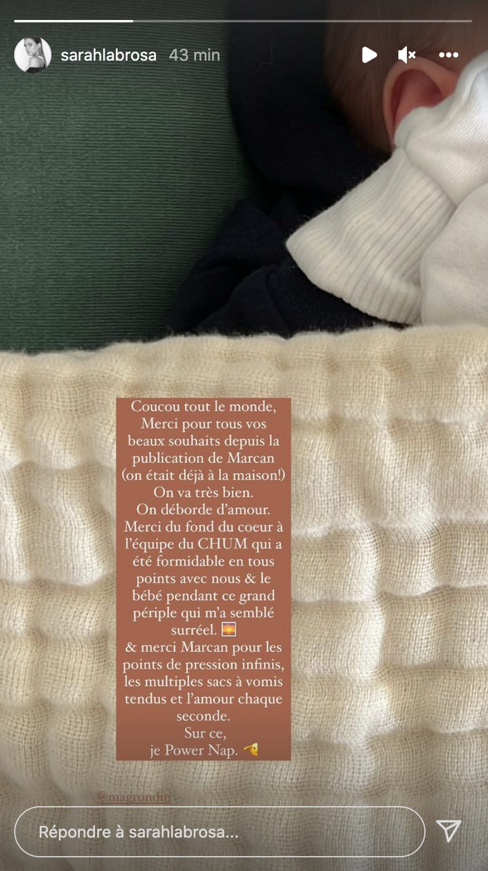 La story de Sarah-Jeanne Labrosse sur Instagram.