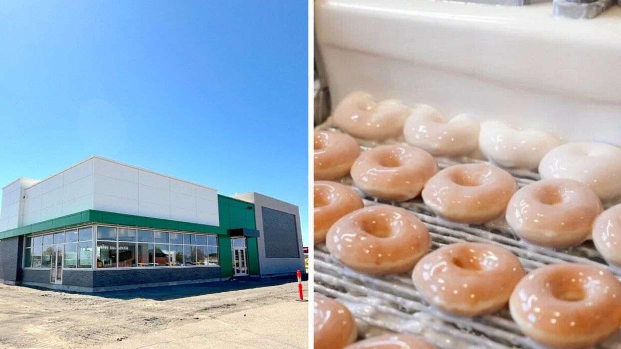 La succursale en construction à Sainte-Dorothée. Droite : Des beignes Krispy Kreme.