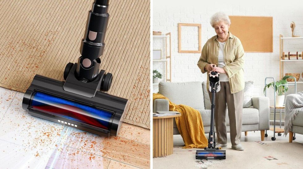 La t\u00eate d'un aspirateur vue de pr\u00e8s qui ramasse des salet\u00e9s sur le sol. Droite : une femme \u00e2g\u00e9e qui tient un aspirateur sans fil en souriant.
