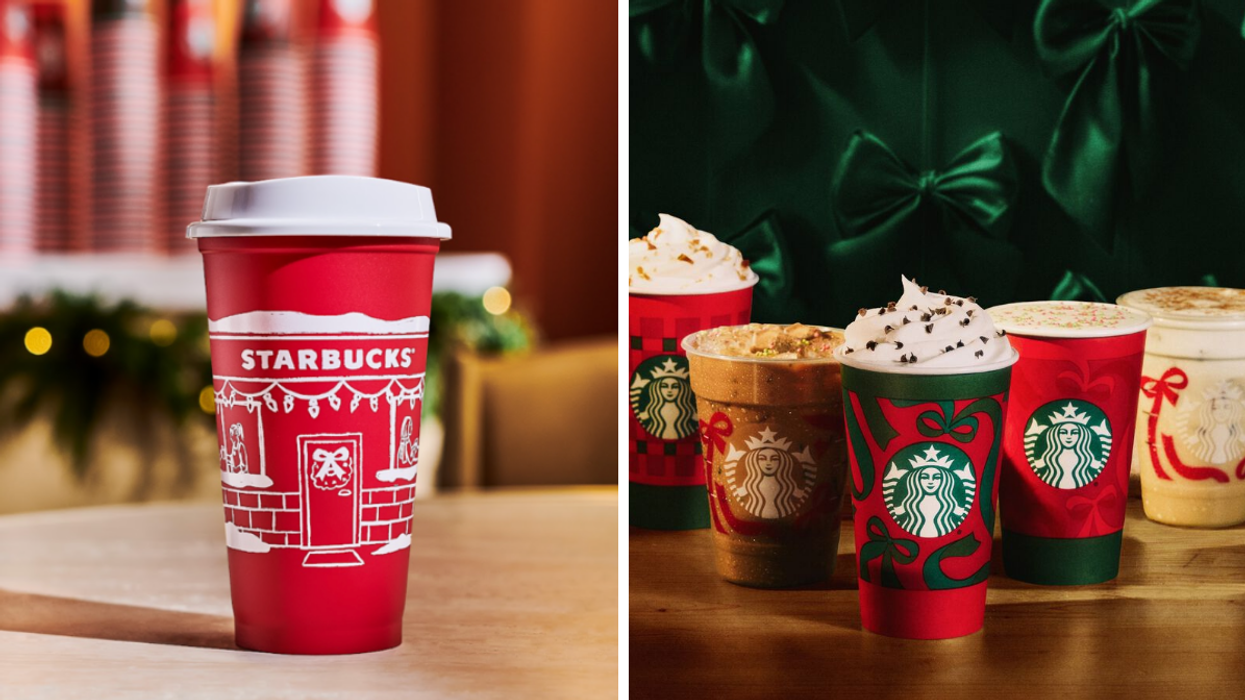 La tasse rouge réutilisable des Fêtes 2025 du Starbucks. Droite : Les tasses des Fêtes.