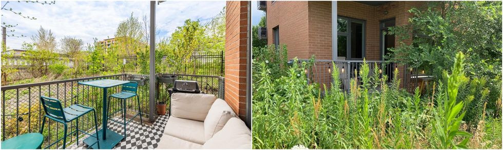 La terrasse. Droite : La terrasse vue de l'ext\u00e9rieur.