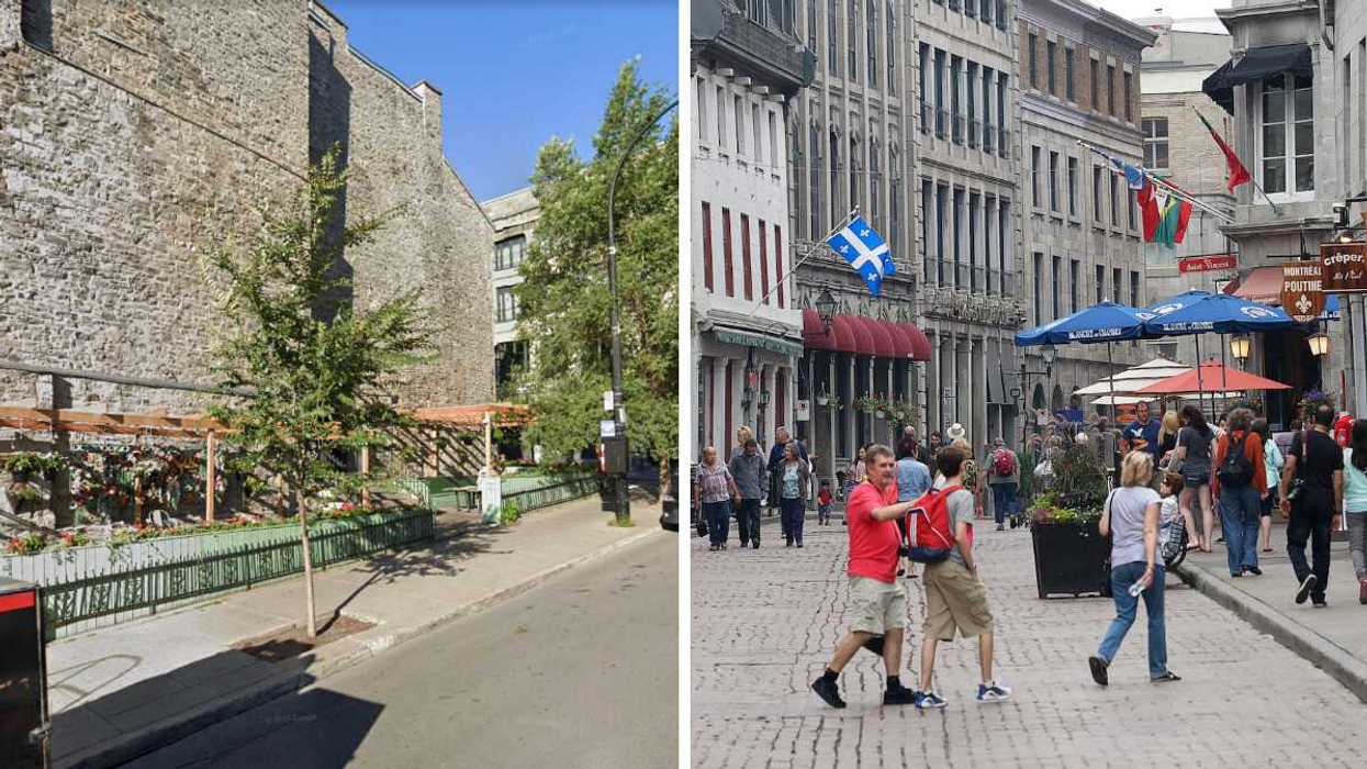 La terrasse du restaurant Escondite à Montréal. Droite : La rue Saint-Paul, dans le Vieux-Montréal.
