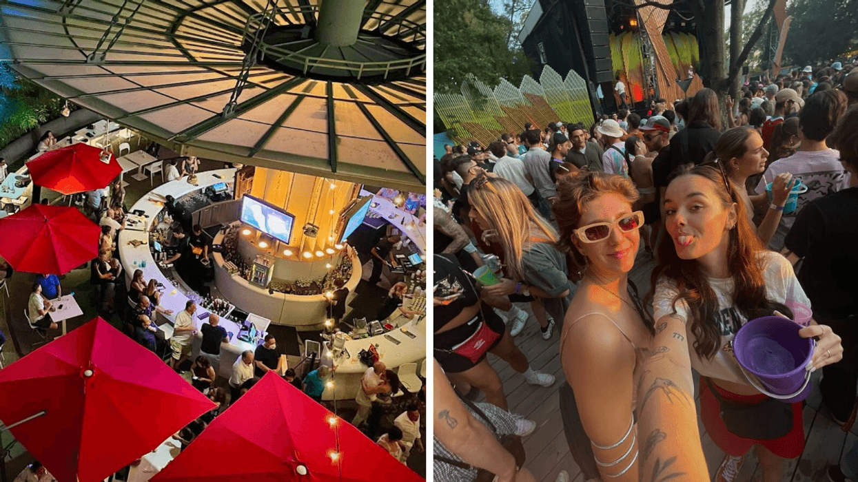 La terrasse Le jardin du Casino de Montréal. Droite : Deux personnes au Piknic Électronik avec un seau.