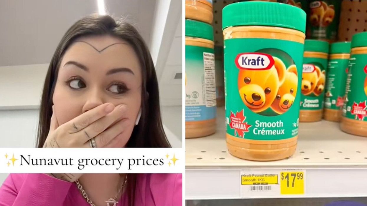 La tiktokeuse Ky Kilabuk. Droite : Des pots de beurre d'arachide Kraft en épicerie au Nunavut.