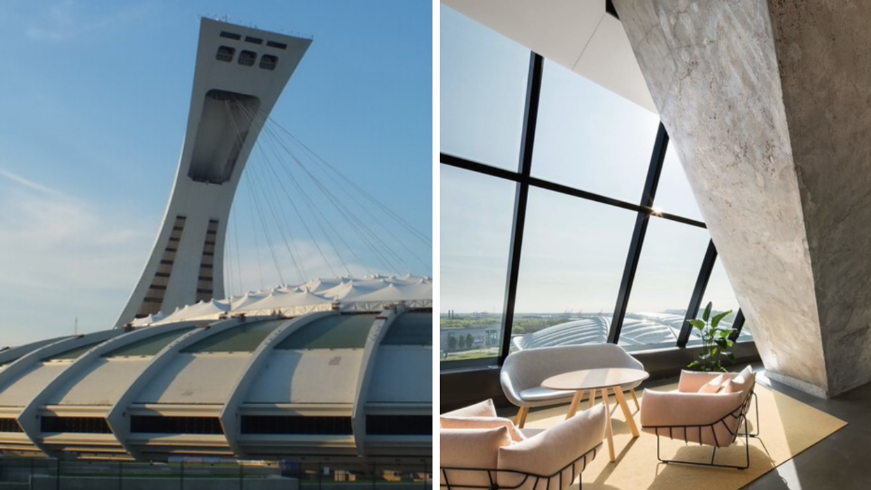 La Tour du Parc olympique. Droite : L'intérieur du Parc olympique.