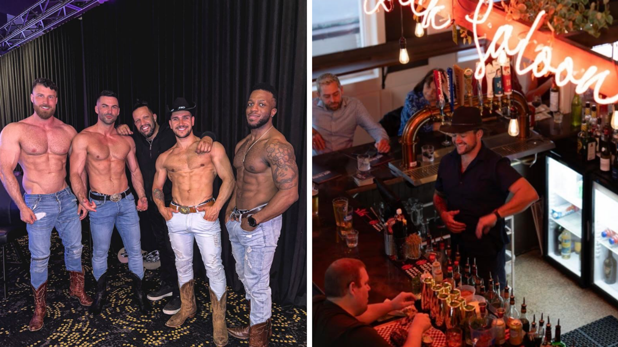 La troupe des Canadian Sexy Males. Droite : Le bar d'un Jack Saloon.