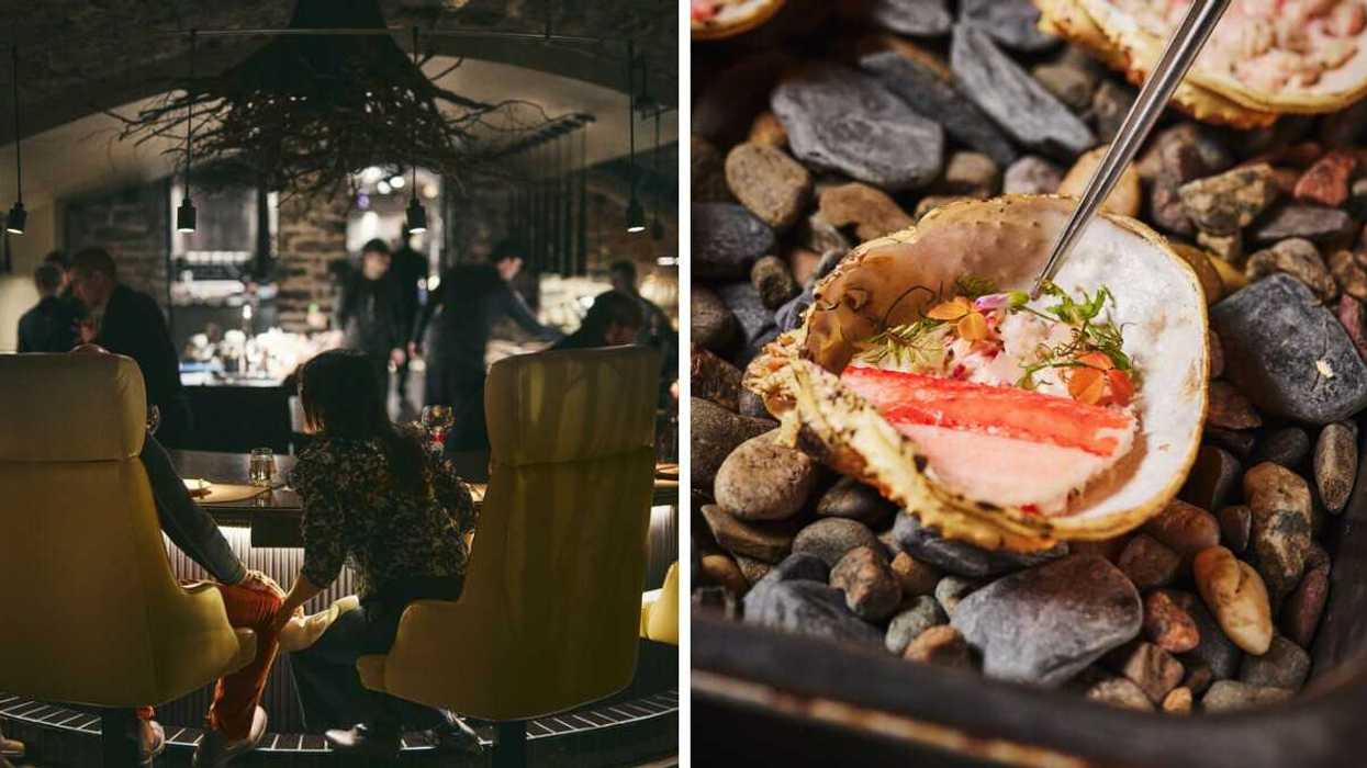 La voûte du restaurant Tanière3 à Québec. Droite : Plat de crabe servi à la Tanière3.