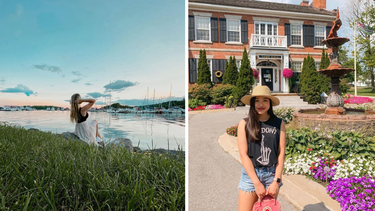 La vue du Joel Stone Park.Droite : Une personne devant la mairie de Gananoque.