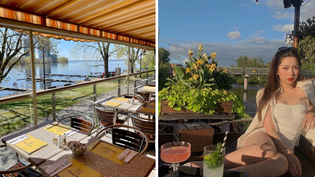 La vue sur le fleuve du restaurant Crescendo. Droite : Une personne assise à une table sur la terrasse du bar Canal Lounge.