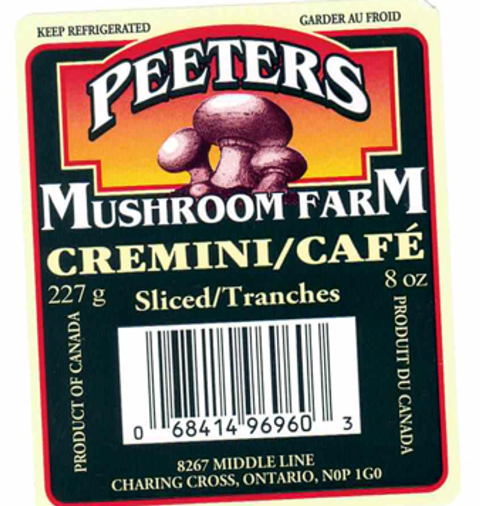 Label for Peeters Mushroom Farm Cremini Sliced, 227 g.