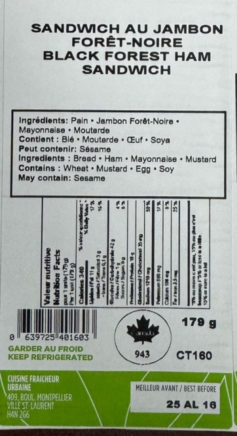 Label of the affected sandwich lot.