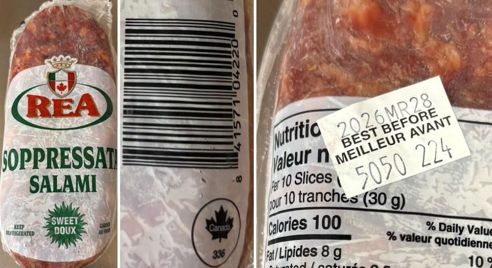 Labels and codes for affected Rea salami lot.