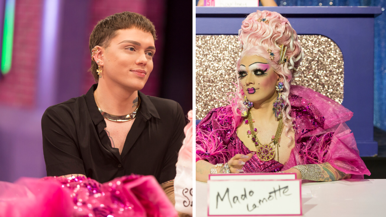 Lady Boom Boom on Canada's Drag Race. Right: Lady Boom Boom as Mado Lamotte.