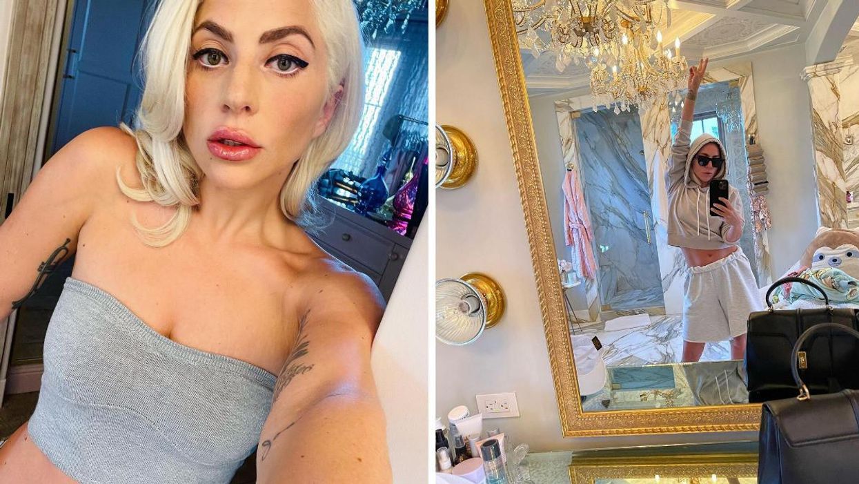 Lady Gaga taking a selfie. Right: Gaga in a hotel room.