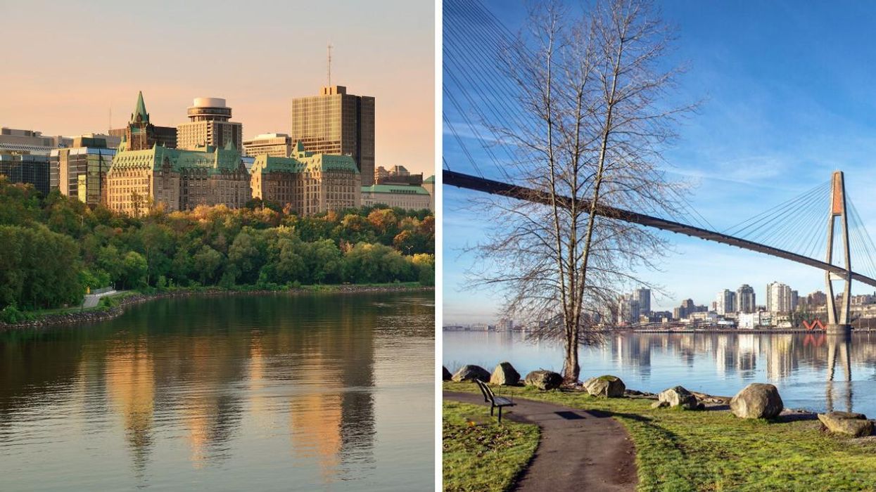 Lake and buildings in Ottawa. Right: A bridge in Surrey.