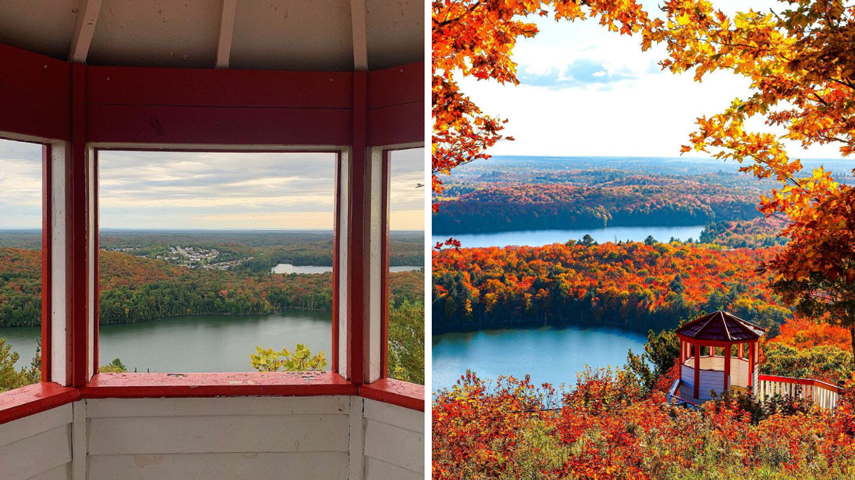 Lake and forest view from a fire tower. Right: Lookout tower surrounded by fall colours.