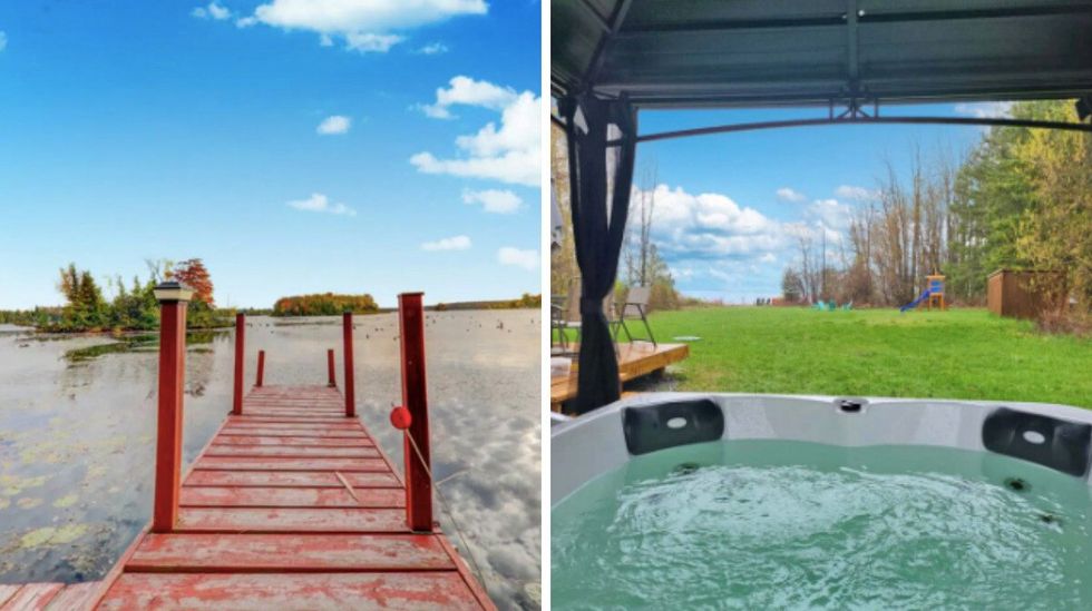 Lake at Kawartha Waterfront Cottage. Right: Hot tub at Kawartha Waterfront Cottage.