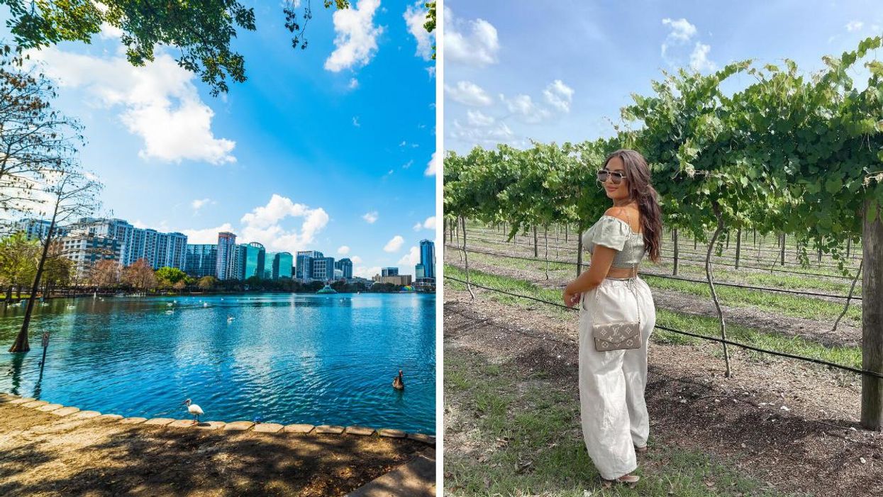 Lake Eola park in Orlando. Right: A woman at Lakeridge Winery & Vineyards.