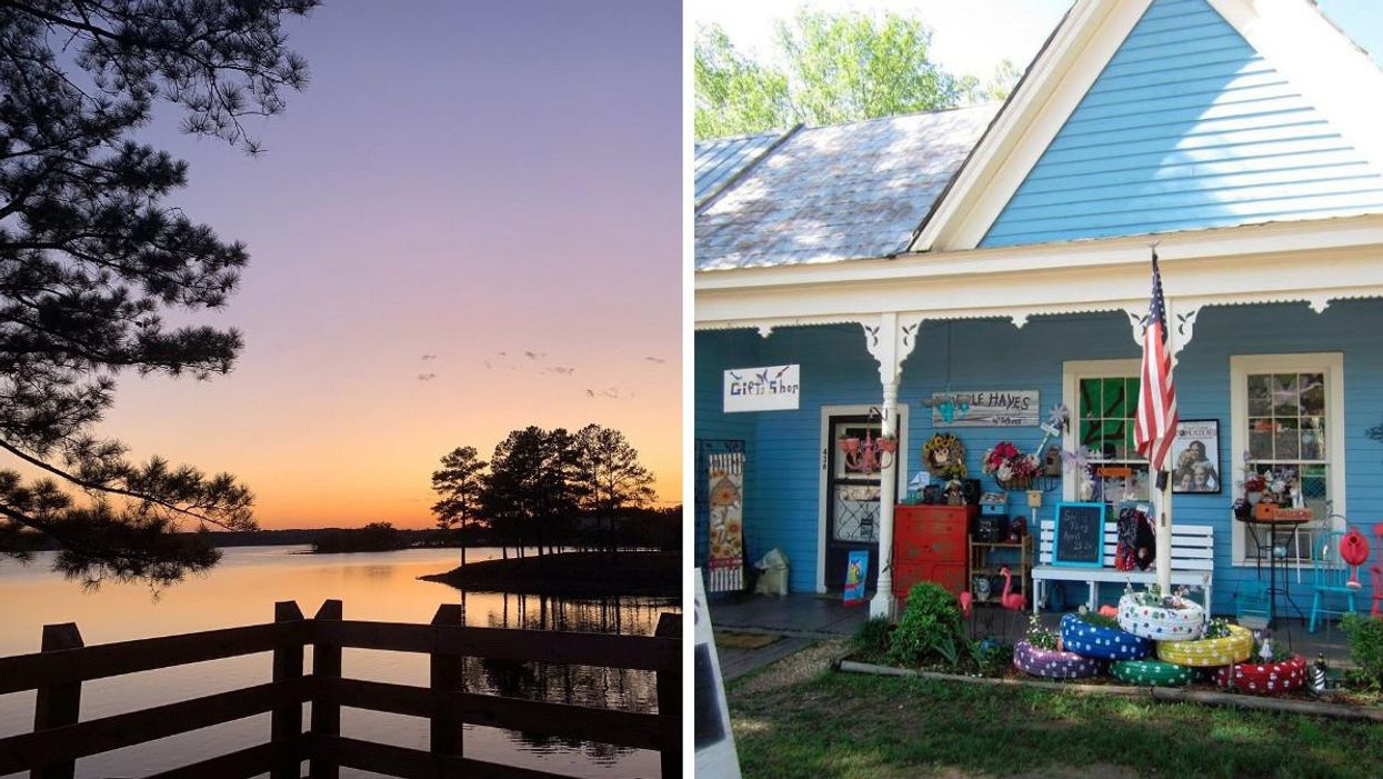 Lake Juliette at sunset. Right: A blue antique store in Juliette, Georgia.