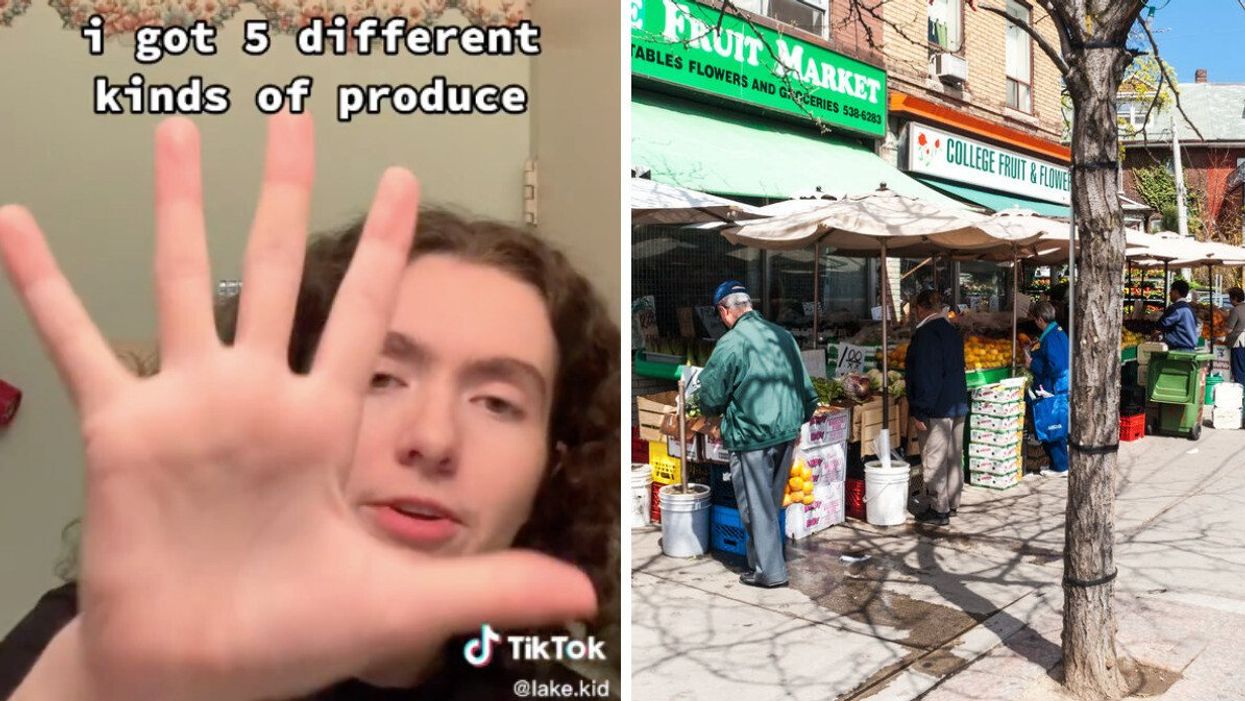 Lake Kid describing their grocery haul. Right: A fruit market in Toronto.