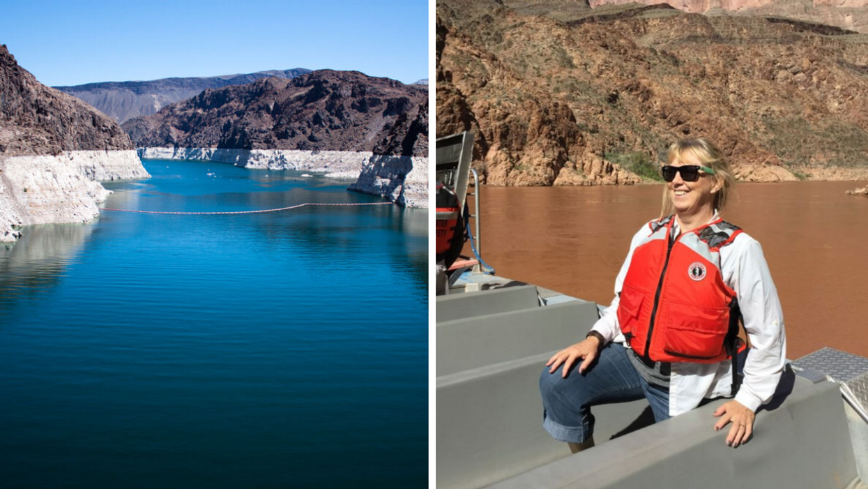 Lake Mead National Recreation Area. Right: A woman working at Lake Meade.