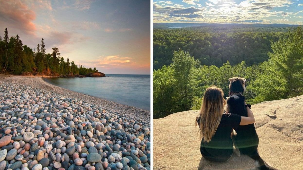 Lake Superior Provincial Park. Right: A person and a dog at Algonquin Provincial Park.