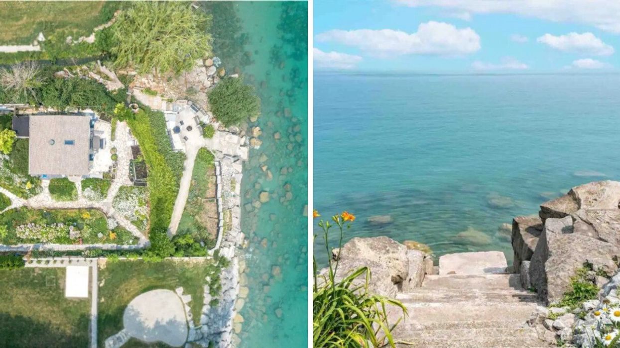 Lakefront Airbnb. Right: Stone steps leading to the water.