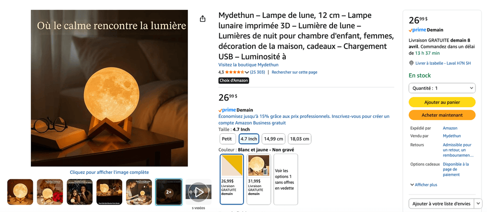 Lampe lunaire vendue sur Amazon Canada.