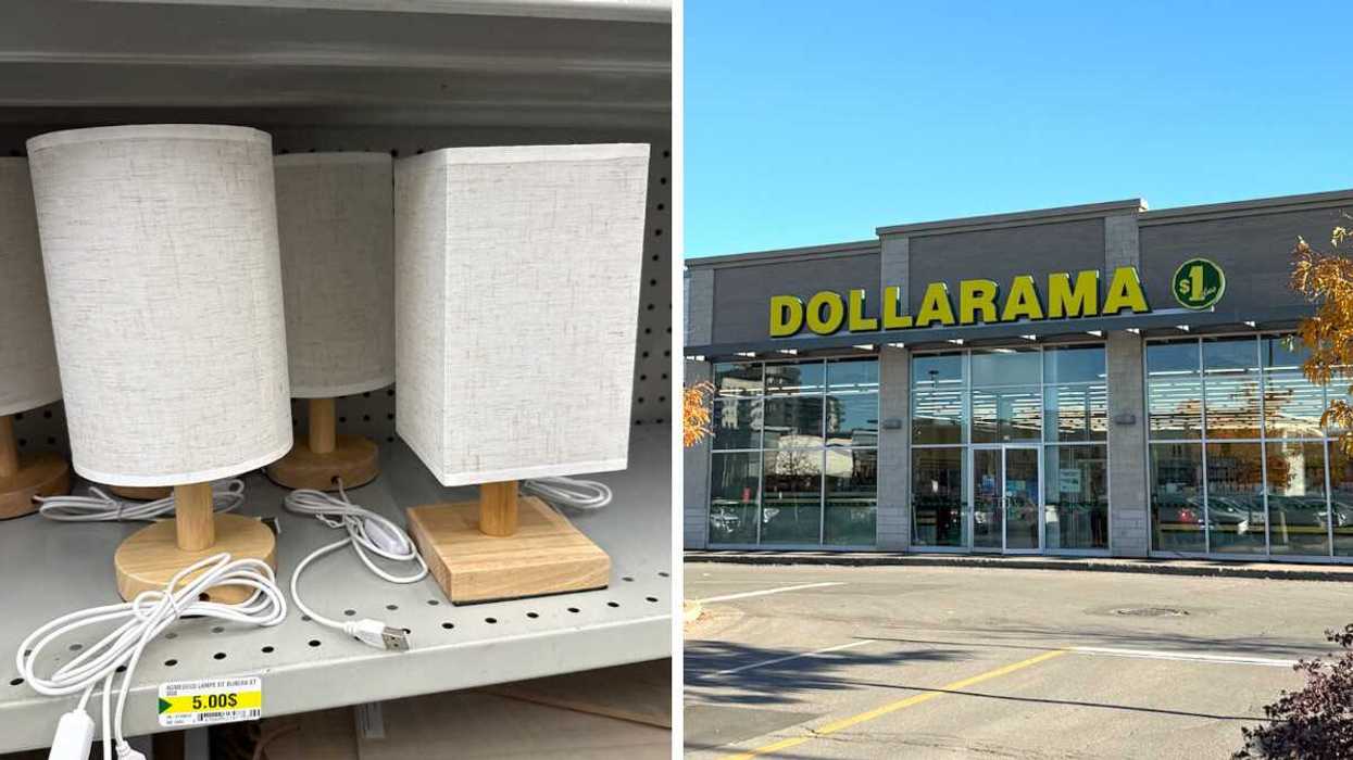 Lampes de bureau à abat-jour blanc et base en bois naturel vendues au Dollarama à 5 $. Droite : Devanture du Dollarama.