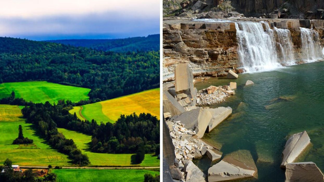 Land in New Brunswick. Right: A waterfall in North West Territories