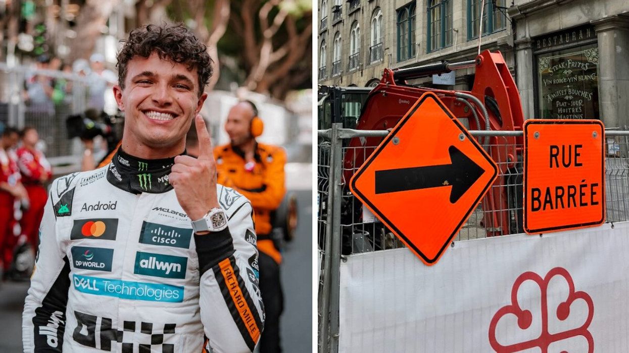 Lando Norris, pilote de l’écurie McLaren. Droite : des panneaux de détour à Montréal.
