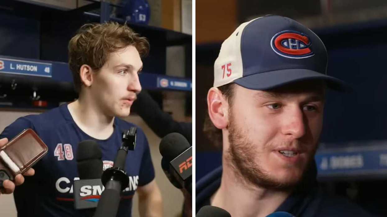 Lane Hutson des Canadiens de Montréal. Droite : Jakub Dobes des Canadiens de Montréal.