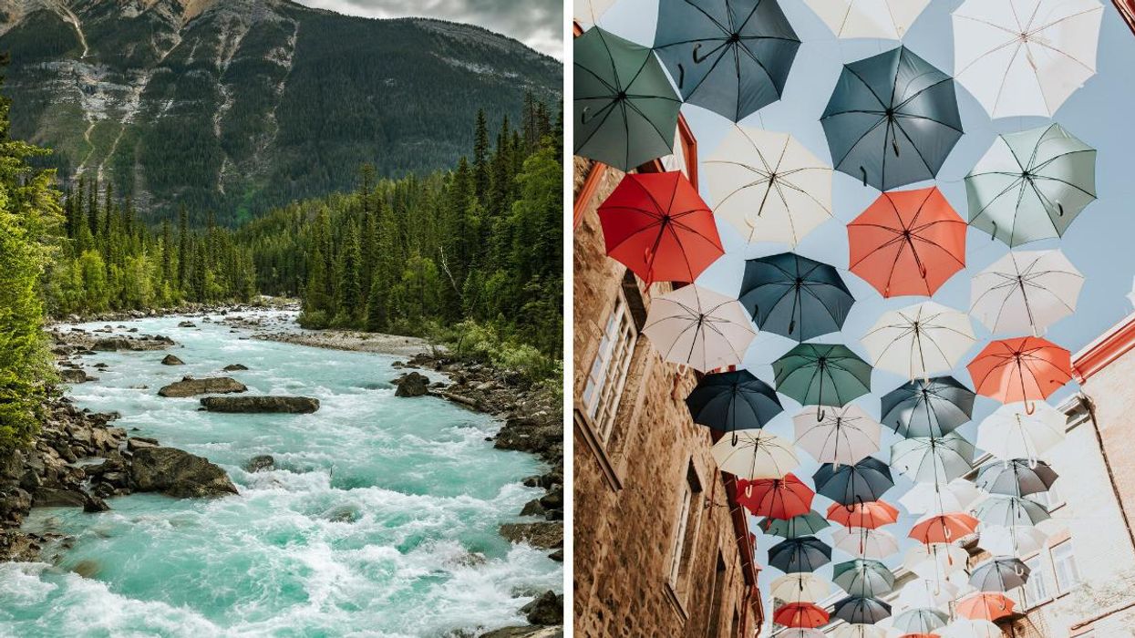 Lansdcape in Victora. Right: Umbrellas hanging in Quebec.