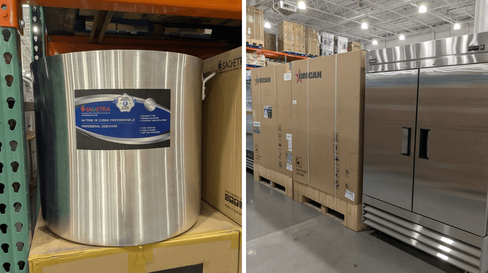 Large cookware and stainless steel fridge in a warehouse.