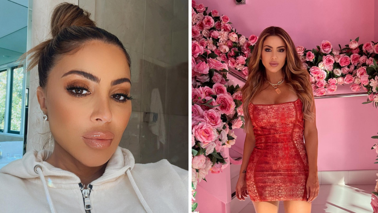 Larsa Pippen close up in a zipped up jacket. Right: Larsa Pippen standing in front of a pink background with roses.