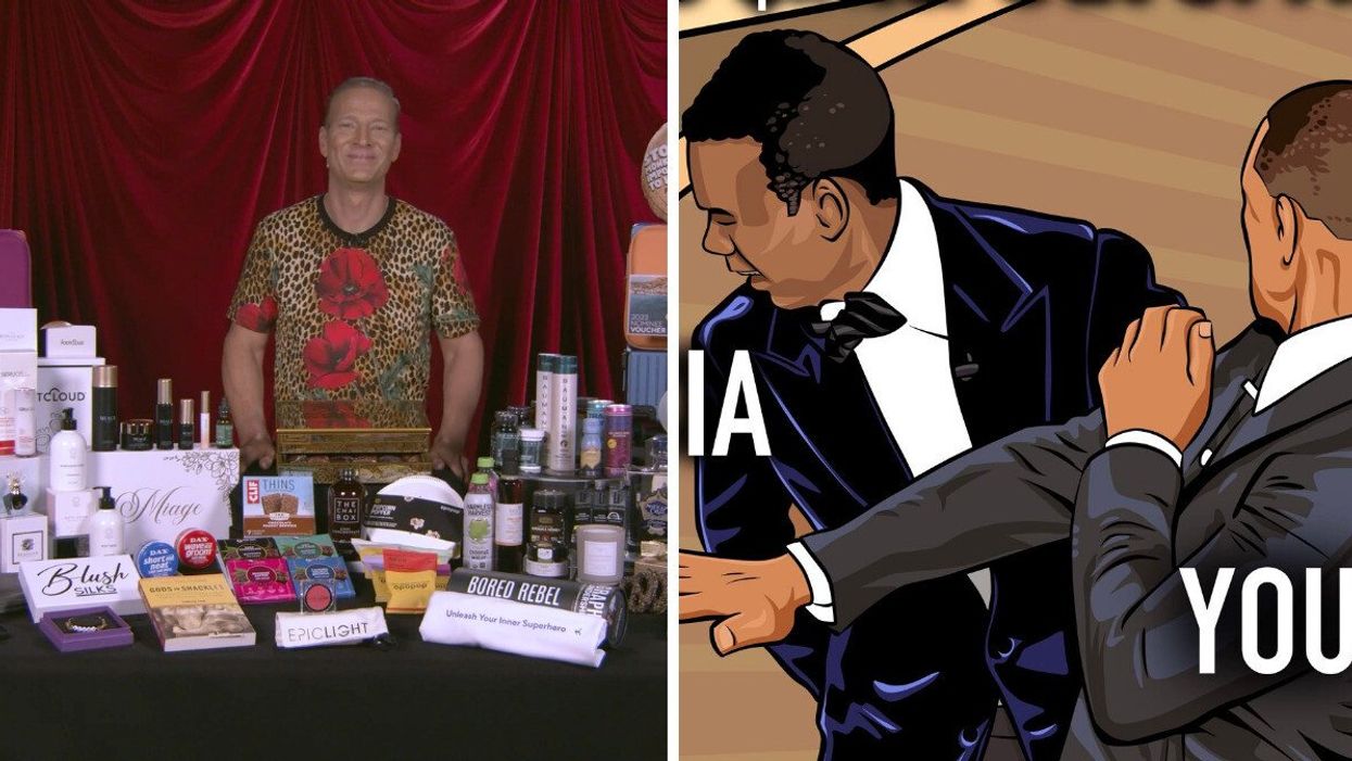 Lash Fary with the Distinctive Assets 2023 "Everyone Wins" gift bag. Right: A meme showing Will Smith slapping Chris Rock at the 2022 Oscars.