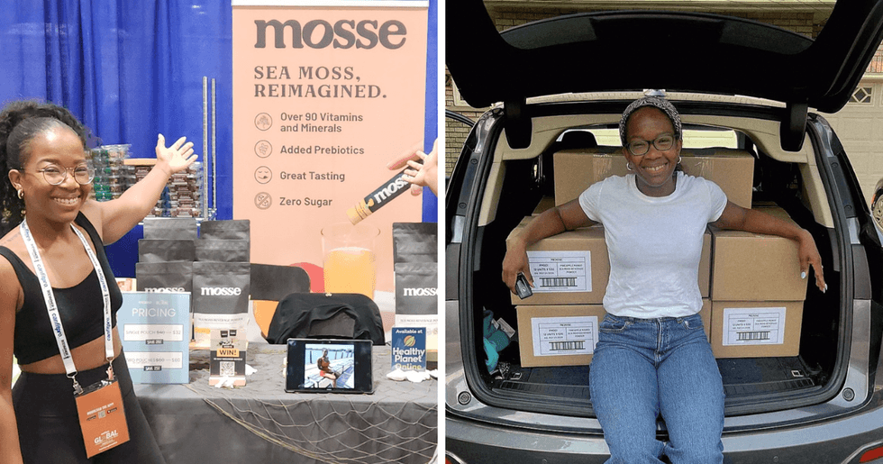 Lashanna Graham stands in front of her Mosse market stall. Right: Lashanna Graham poses with boxes of product in the trunk of a car.