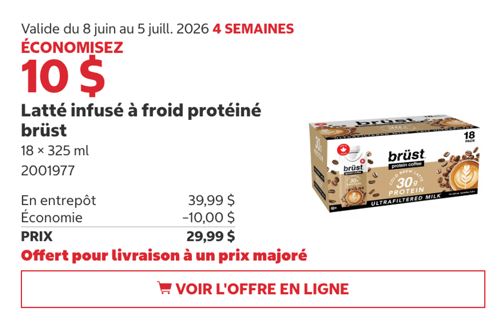 Latt\u00e9 infus\u00e9 \u00e0 froid prot\u00e9in\u00e9 br\u00fcst au Costco.