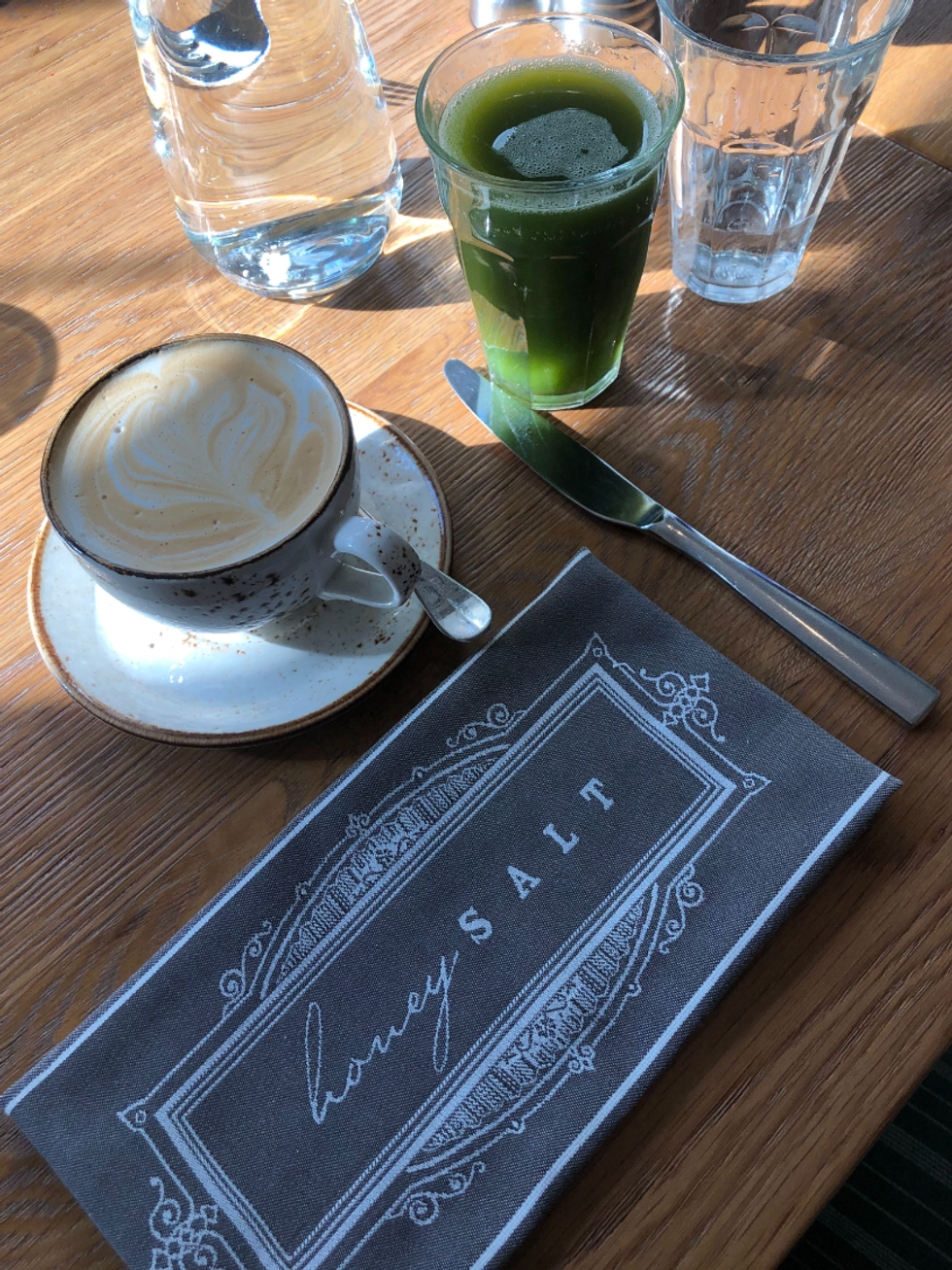 Latte and green juice.