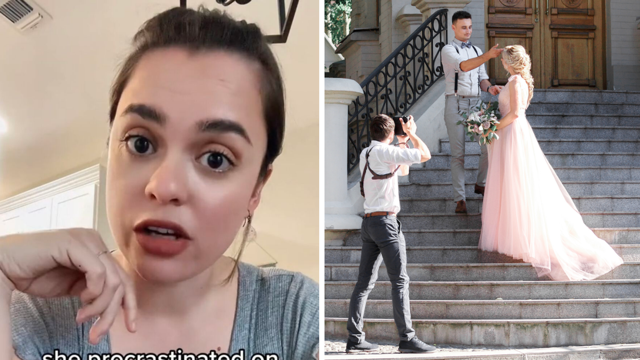 Laura in her TikTok. Right: A photographer taking pictures of a bride and groom.