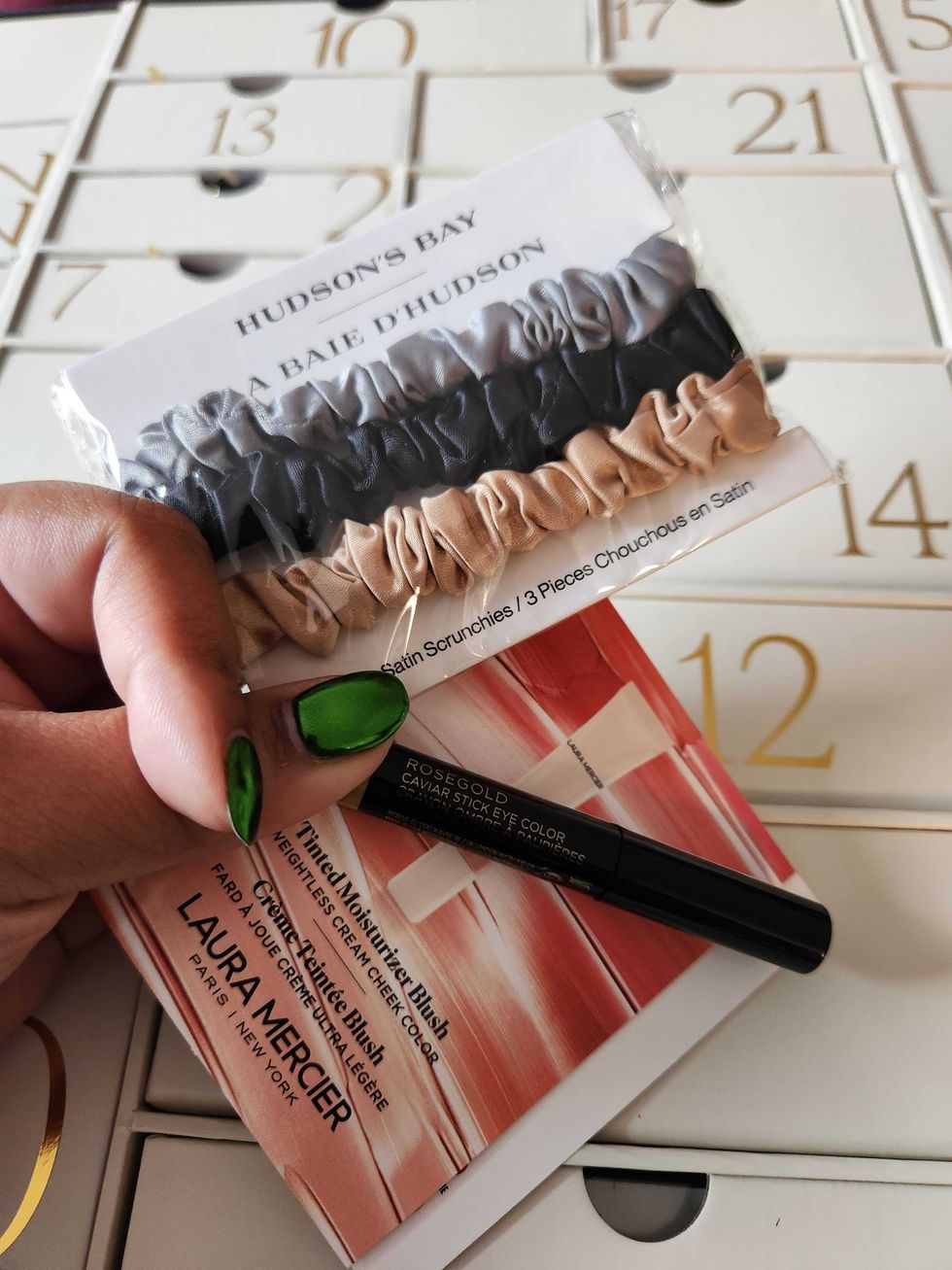 Laura Mercier Caviar Stick Eye Colour Eyeshadow in Rose Gold, Laura Mercier Tinted Moisturizer Blush in Provence and Hudson's Bay 3 Piece Satin Scrunchies.