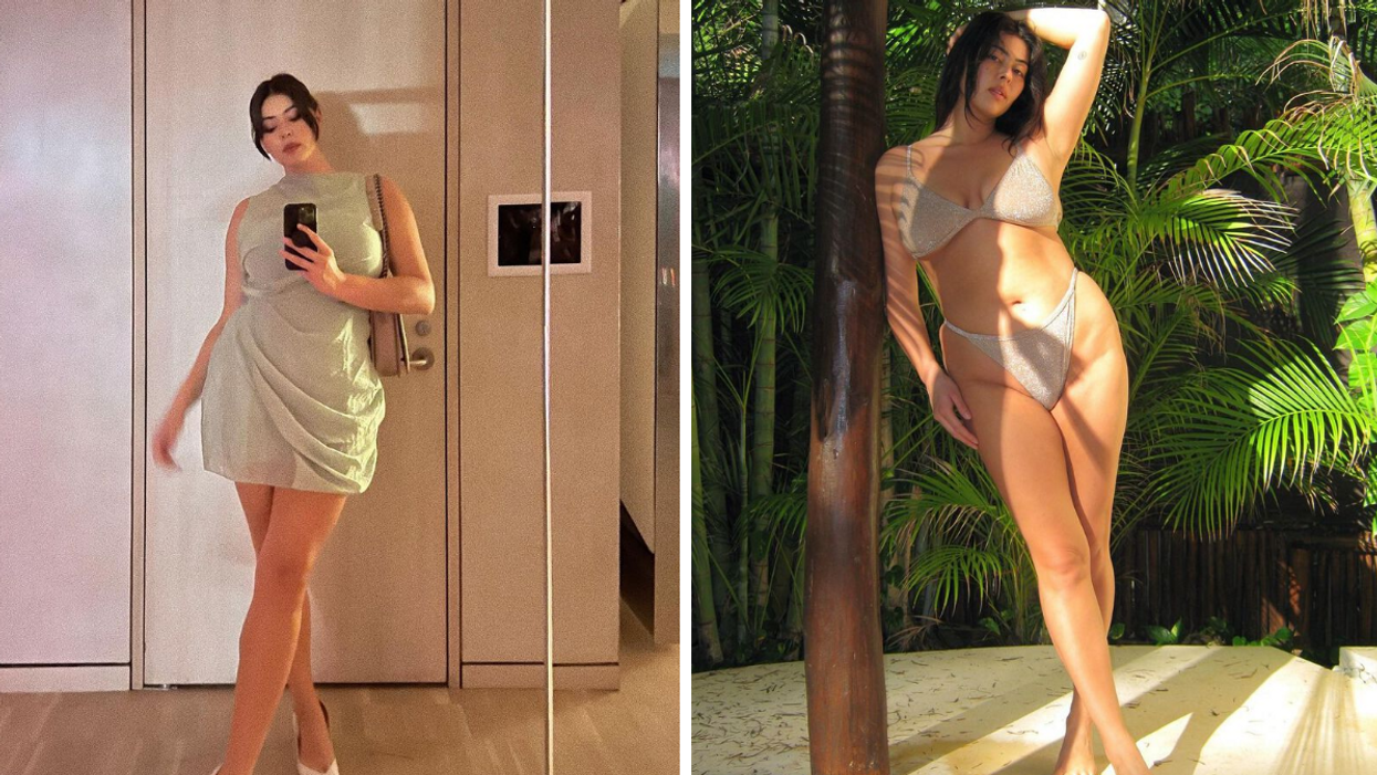 Lauren Chan taking a selfie. Right: Lauren Chan in Skims.