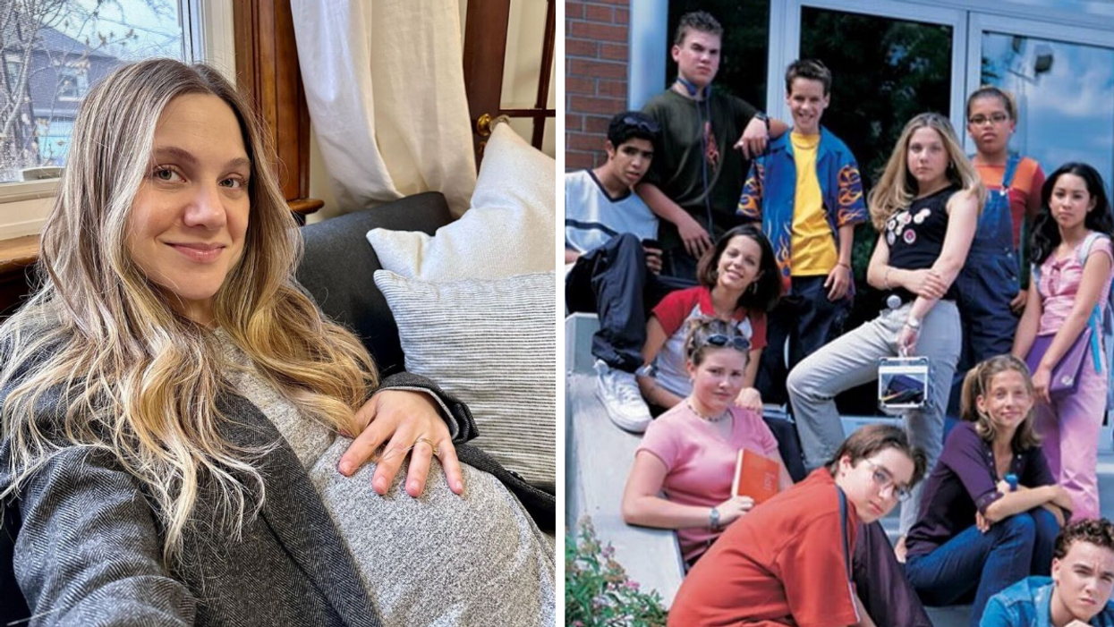Lauren Collins with a baby bump. Right: Lauren Collins with the cast of Degrassi: The Next Generation.