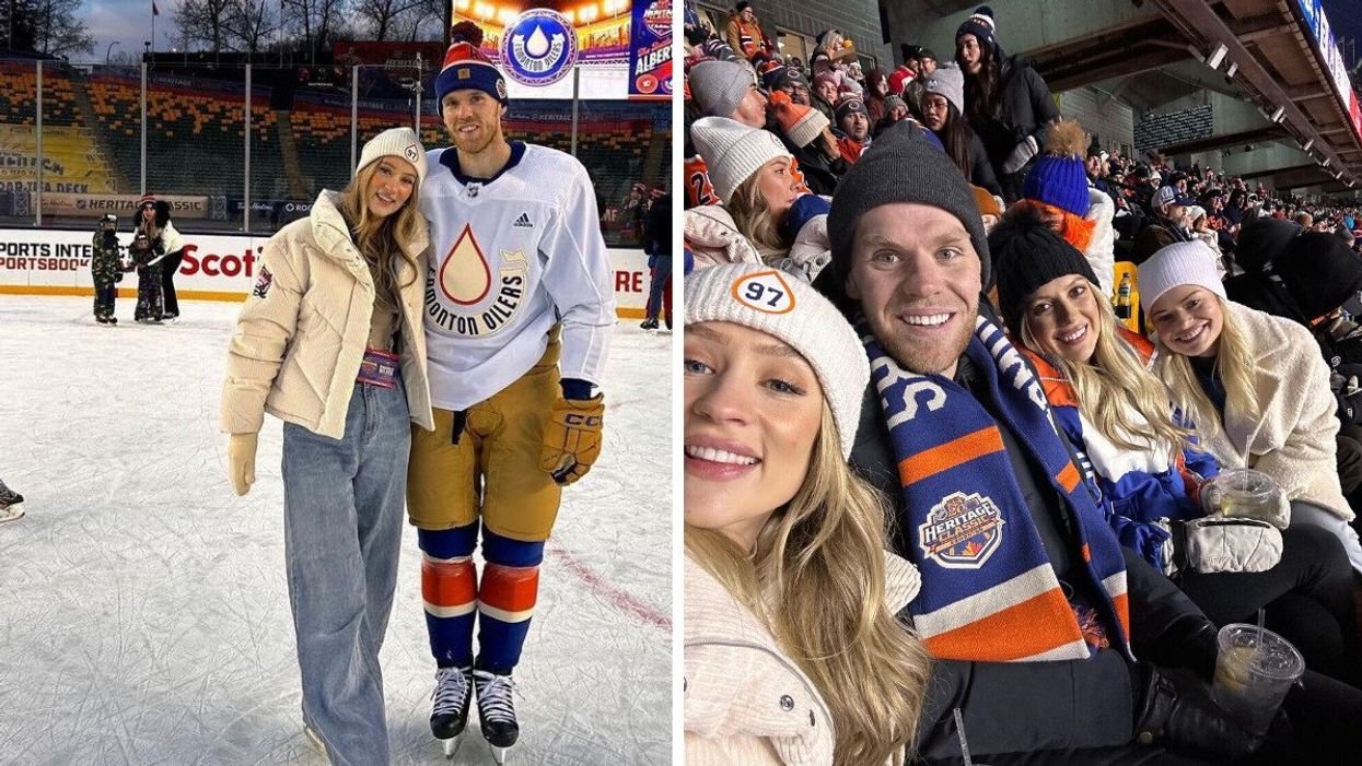 Lauren Kyle and Connor McDavid at the 2023 NHL Heritage Classic in Edmonton. Right: Lauren Kyle with friends at the 2023 NHL Heritage Classic in Edmonton.